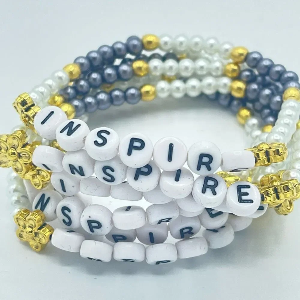 Inspire spell out beaded stretch bracelet ONE NEW Stackable pearl beads white gr